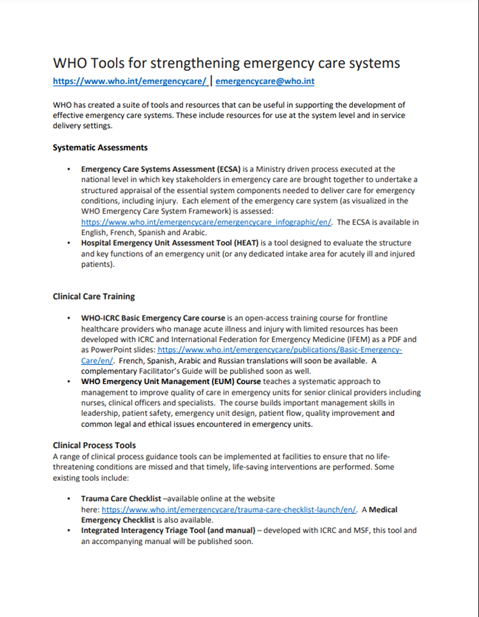 WHO Tools for strengthening emergency care systems