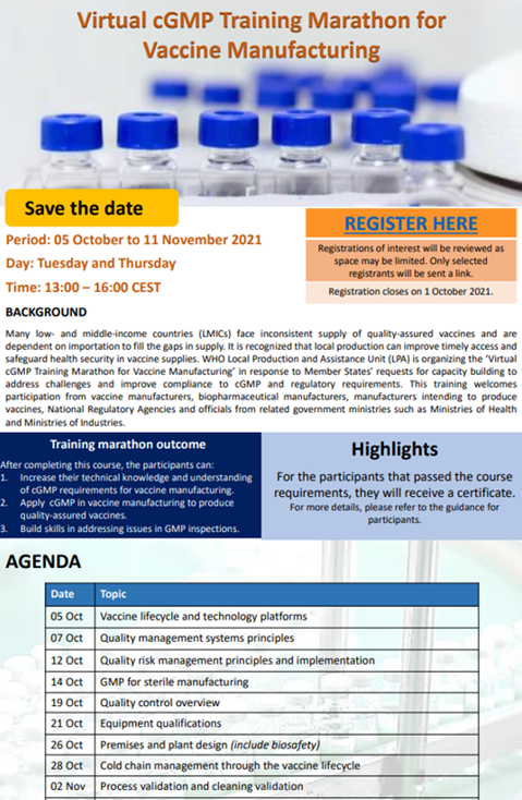 Flyer: Virtual cGMP Training Marathon for Vaccine Manufacturing, 2021