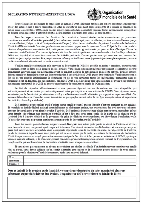 Déclaration d'intérêts (experts de l'OMS)