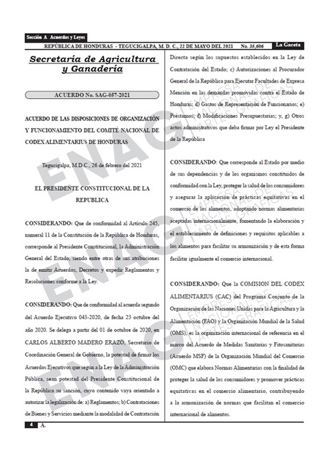 Honduras: acuerdo creación CNCAH