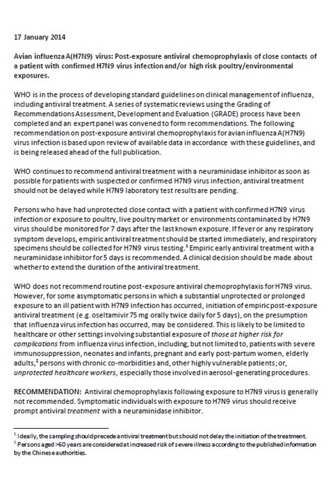 Post-exposure antiviral chemoprophylaxis of close contacts of a patient with confirmed H7N9 virus infection and/or high risk poultry/environmental exposures