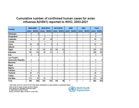 Cumulative number of confirmed human cases for avian influenza A(H5N1) reported to WHO, 2003-2021, 15 April 2021