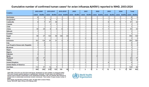 Cumulative number of confirmed human cases for avian influenza A(H5N1) reported to WHO, 2003-2024, 26 February 2024