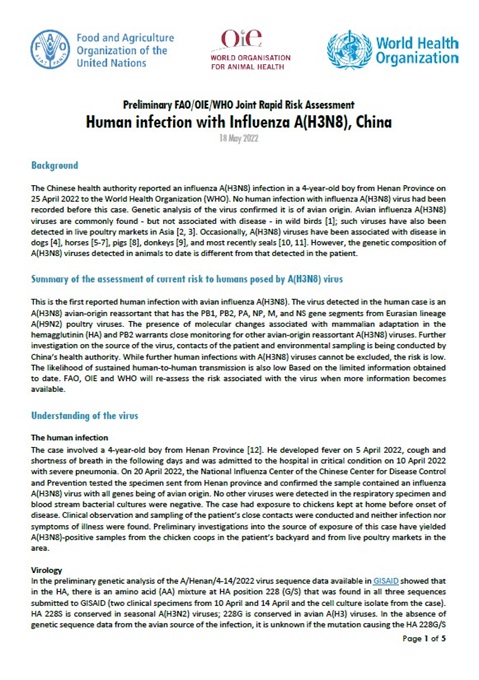 Joint FAO/OIE/WHO Preliminary Risk Assessment Associated with Avian Influenza A(H3N8) Virus