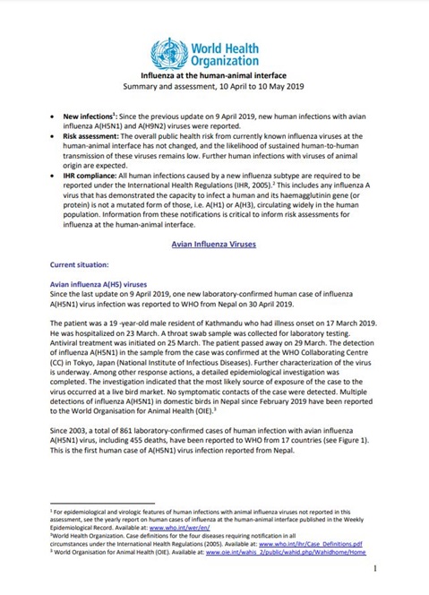 Influenza at the human-animal interface summary and assessment, 10 May 2019
