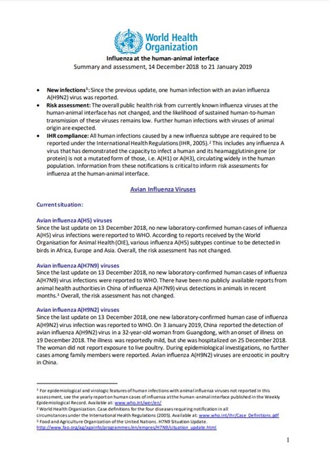 Influenza at the human-animal interface summary and assessment, 21 January 2019