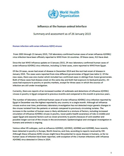 Influenza at the human-animal interface summary and assessment, 6 January 2015