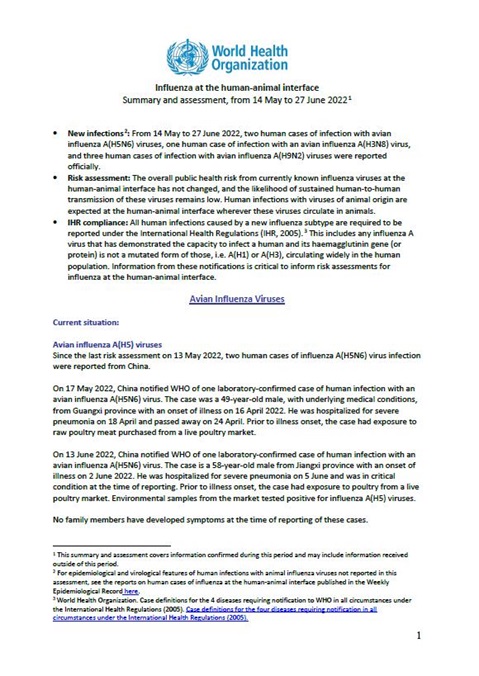 Influenza at the human-animal interface summary and assessment, 27 June 2022
