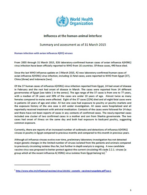 Influenza at the human-animal interface summary and assessment, 31 March 2015