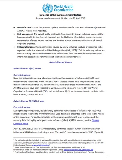 Influenza at the human-animal interface summary and assessment, 20 April 2017