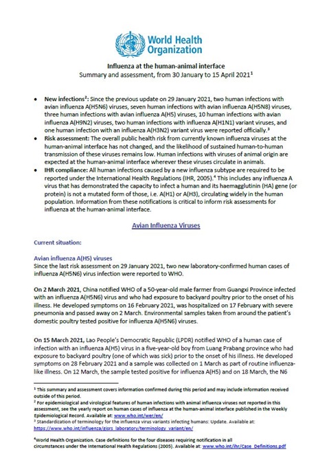 Influenza at the human-animal interface summary and assessment, 15 April 2021