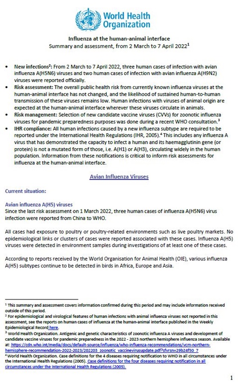 Influenza at the human-animal interface summary and assessment, 7 April 2022