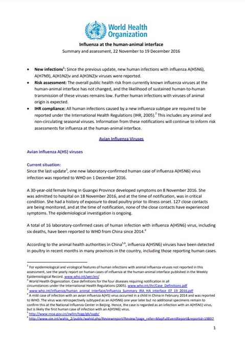 Influenza at the human-animal interface summary and assessment, 19 December 2016