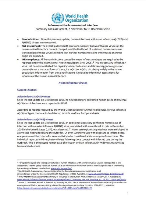 Influenza at the human-animal interface summary and assessment, 13 December 2018
