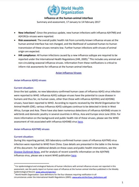 Influenza at the human-animal interface summary and assessment, 14 February 2017