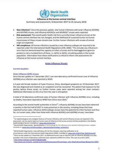 Influenza at the human-animal interface summary and assessment, 25 January 2018