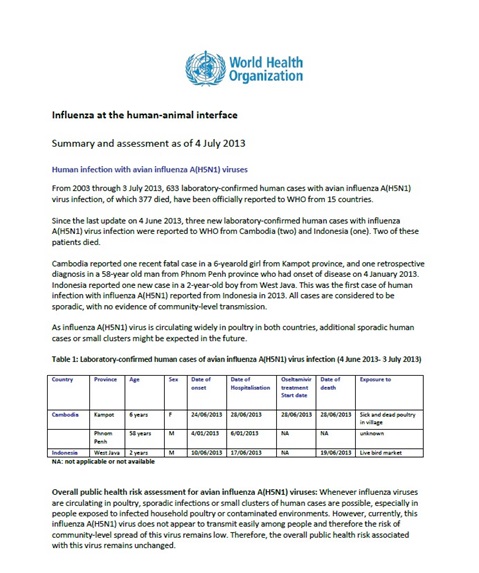 Influenza at the human-animal interface summary and assessment, 4 July 2013