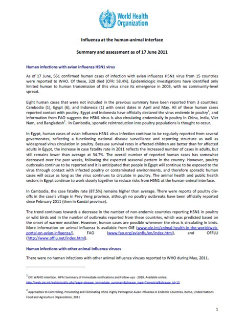 Influenza at the human-animal interface summary and assessment, 17 June 2011