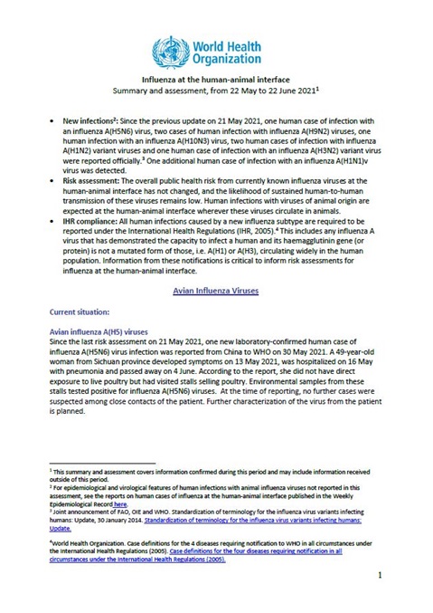 Influenza at the human-animal interface summary and assessment, 22 June 2021