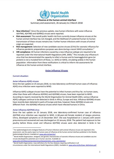 Influenza at the human-animal interface summary and assessment, 2 March 2018