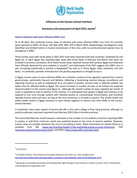 Influenza at the human-animal interface summary and assessment, 2 May 2011