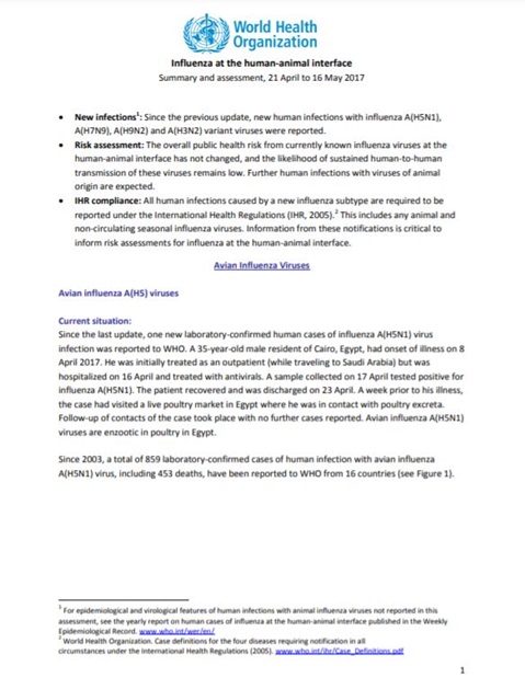 Influenza at the human-animal interface summary and assessment, 16 May 2017