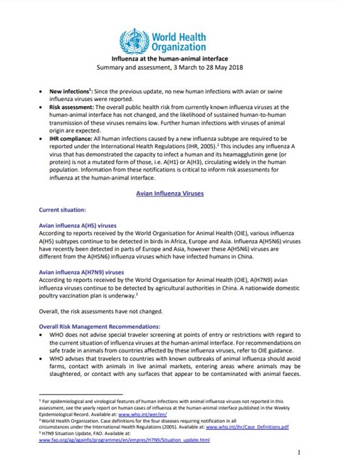 Influenza at the human-animal interface summary and assessment, 28 May 2018