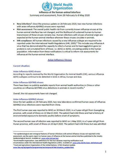 Influenza at the human-animal interface summary and assessment, 8 May 2020