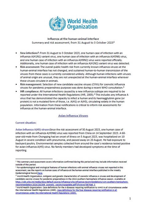 Influenza at the human-animal interface summary and assessment, 3 October 2023