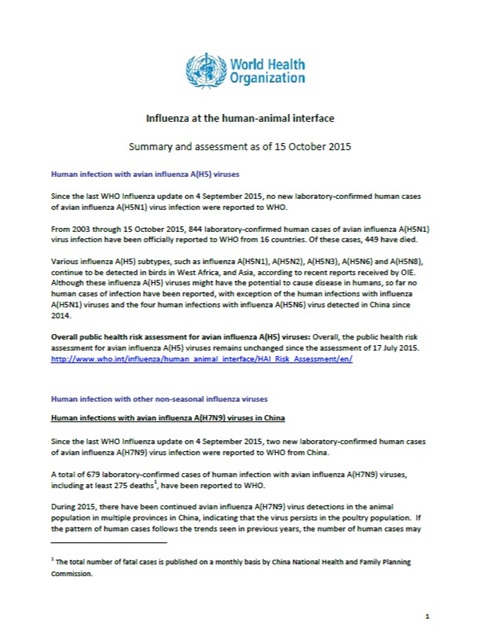 Influenza at the human-animal interface summary and assessment, 15 October 2015