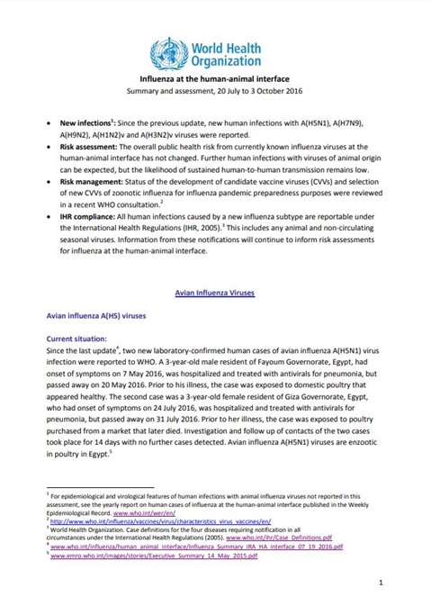 Influenza at the human-animal interface summary and assessment, 3 October 2016