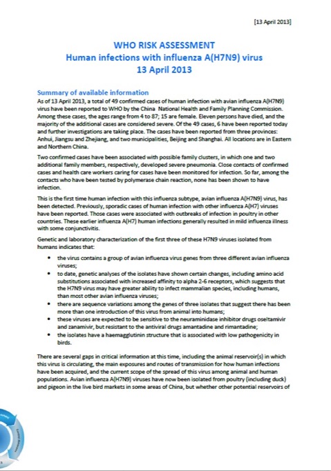 WHO Risk assessment on human infections with avian influenza A(H7N9) virus