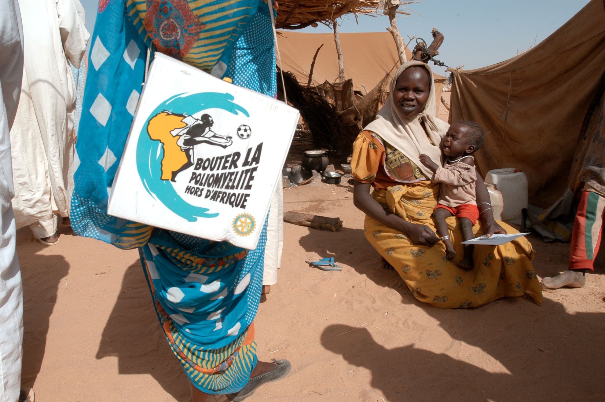 Kick-Polio-Out-of-Africa-vaccine-carrier The “Kick Polio Out of Africa” vaccine carrier being used in the Bredjing Refugee Camp in Chad in 2024