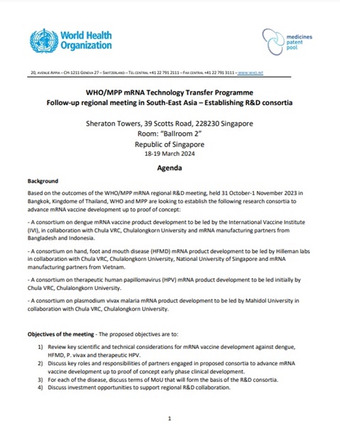 WHO/MPP mRNA Technology Transfer Programme - Follow-up regional meeting in South-East Asia – Agenda
