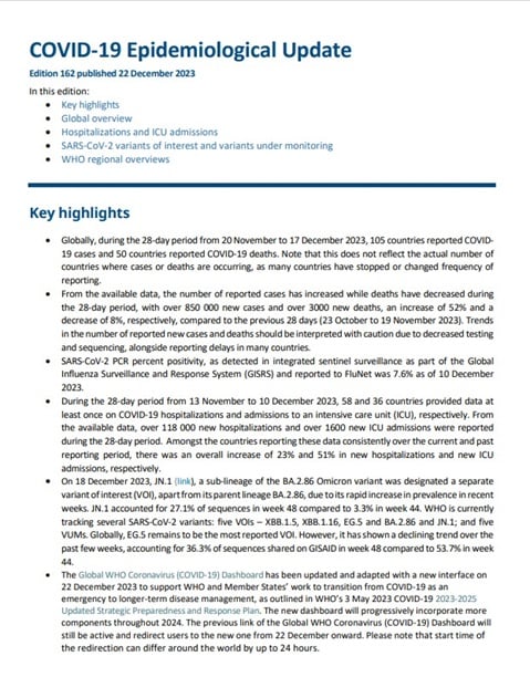 COVID-19 epidemiological update – 22 December 2023
