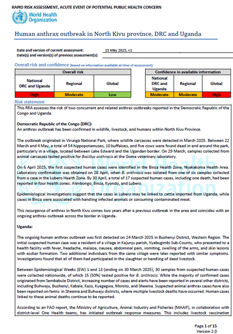 WHO Rapid Risk Assessment - Anthrax, Democratic Republic of the Congo and Uganda v.1
