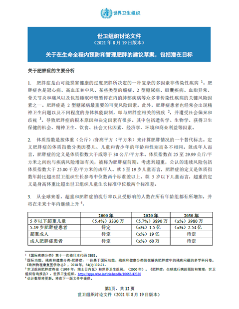 世卫组织讨论文件: 关于在生命全程内预防和管理肥胖的建议草案,包括潜在目标