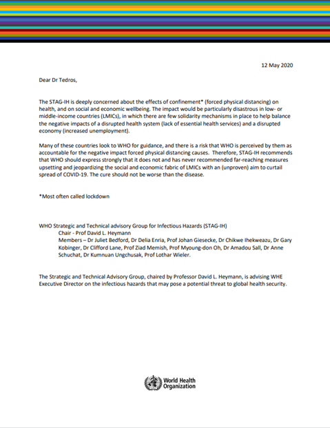 Letter to Director General on STAG-IH views on lockdowns