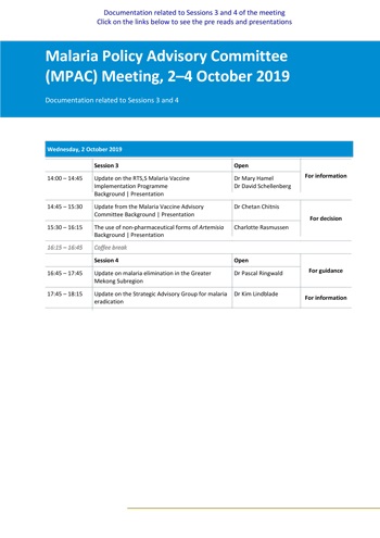 Malaria Policy Advisory Committee to the WHO: Sessions 3 and 4 of the October 2019 meeting