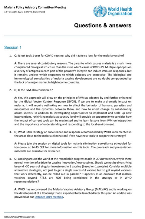 Malaria Policy Advisory Group to the WHO: Questions from observers (April 2021)