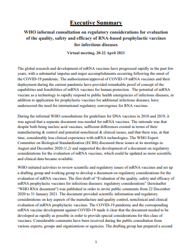 WHO informal consultation on regulatory considerations for evaluation
of the quality, safety and efficacy of RNA-based prophylactic vaccines
for infectious diseases