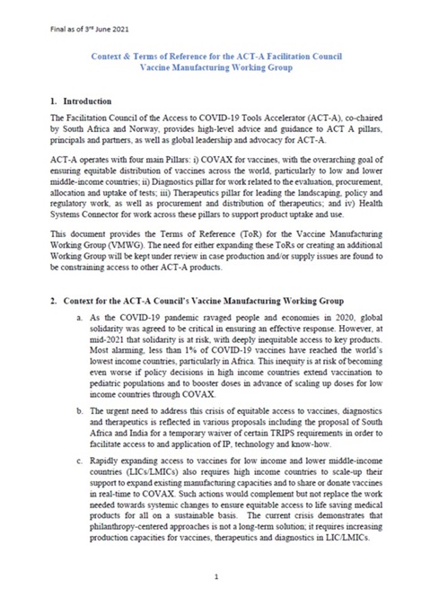 ACT Accelerator Facilitation Council Vaccine Manufacturing Working Group - Terms of reference