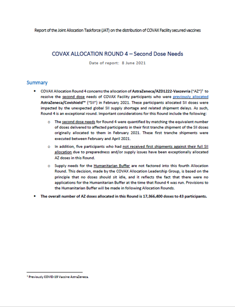 Report of the Joint Allocation Taskforce (JAT) on the distribution of COVAX Facility secured vaccines: 8 June 2021