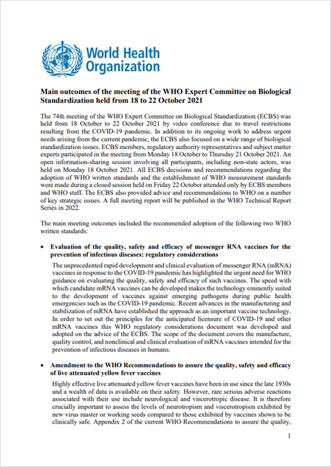 Main outcomes of the meeting of the Expert Committee on Biological Standardization held from 18 to 22 October 2021