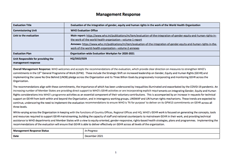 Evaluation of the integration of gender, equity and human rights in the work of the World Health Organization - Management Response - December 2021