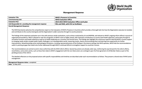 Evaluation of WHO's Presence in Countries - Management Response - May 2017