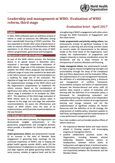 WHO Reform third stage - Evaluation Brief - April 2017