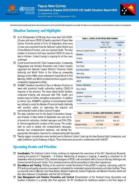 COVID-19 in Papua New Guinea Situation Report 39