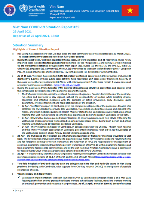 COVID-19 in Viet Nam Situation Report no. 39