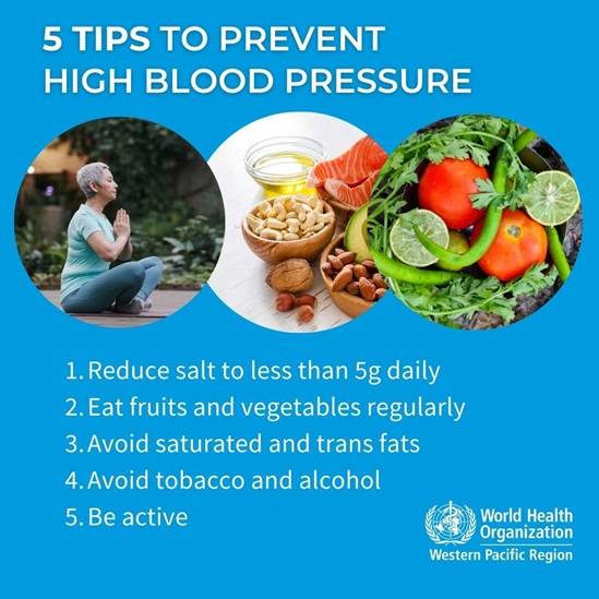 Graphic with woman doing yoga, plus fruits and vegatables to reduce hypertension